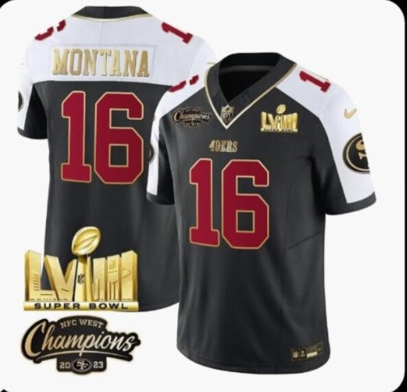 Men San Francisco 49ers #16 Montana Black 2024 Nike  2023 super bowl Patch Vapor NFL Jersey style 1